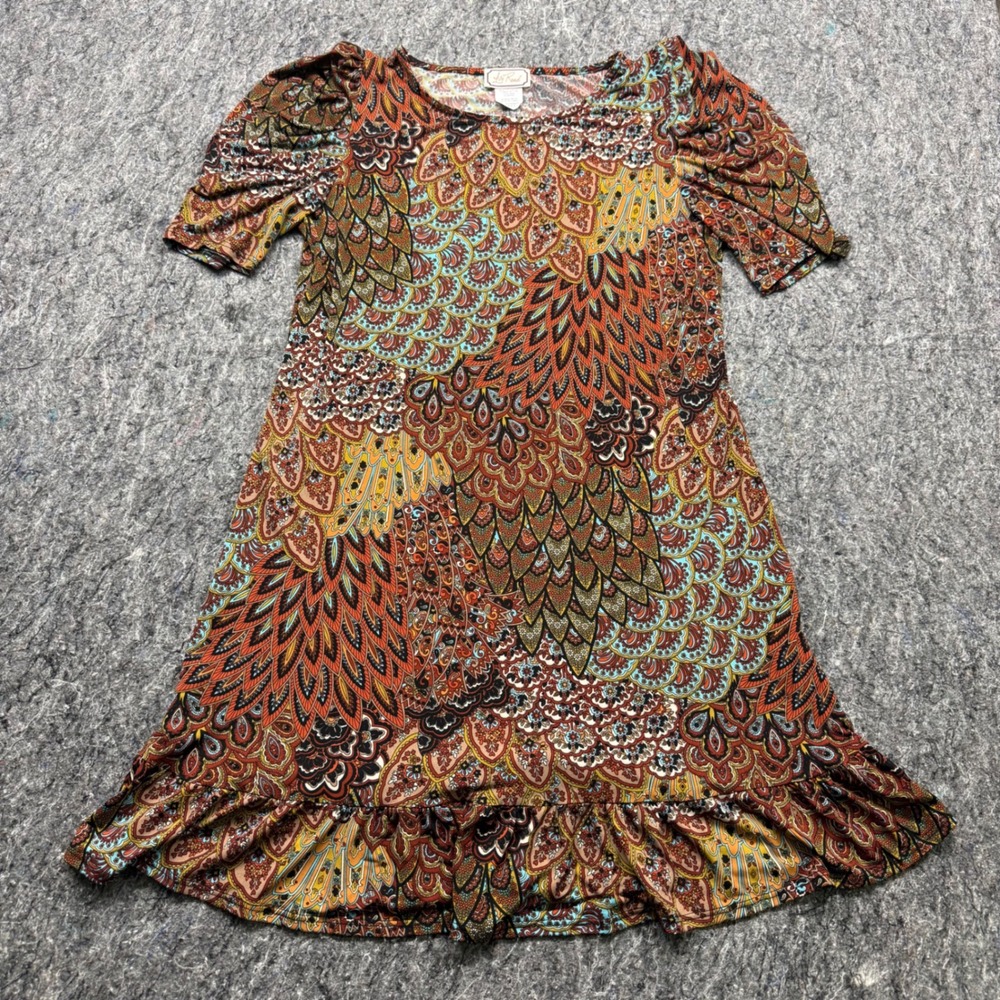 Ivy Road Peacock Paisley Print Ruffle Hem Dress Orange Teal Brown Medium